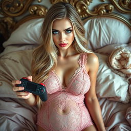 A stunning 18-year-old woman with an innocent yet alluring expression, showcasing a thin face and athletic voluptuous curves