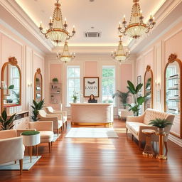 A luxurious lash studio reception area featuring elegant decor with plush seating and decorative mirrors