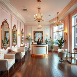 A luxurious lash studio reception area featuring elegant decor with plush seating and decorative mirrors