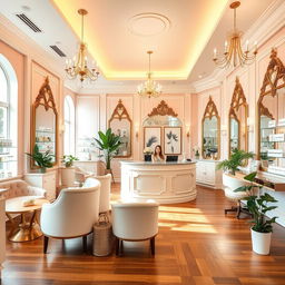 A luxurious lash studio reception area featuring elegant decor with plush seating and decorative mirrors