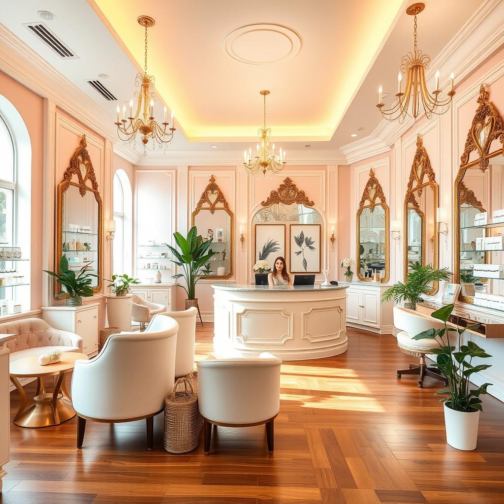 A luxurious lash studio reception area featuring elegant decor with plush seating and decorative mirrors