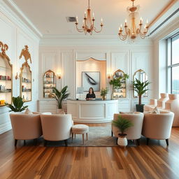 A luxurious lash studio reception area featuring elegant decor with plush seating and decorative mirrors