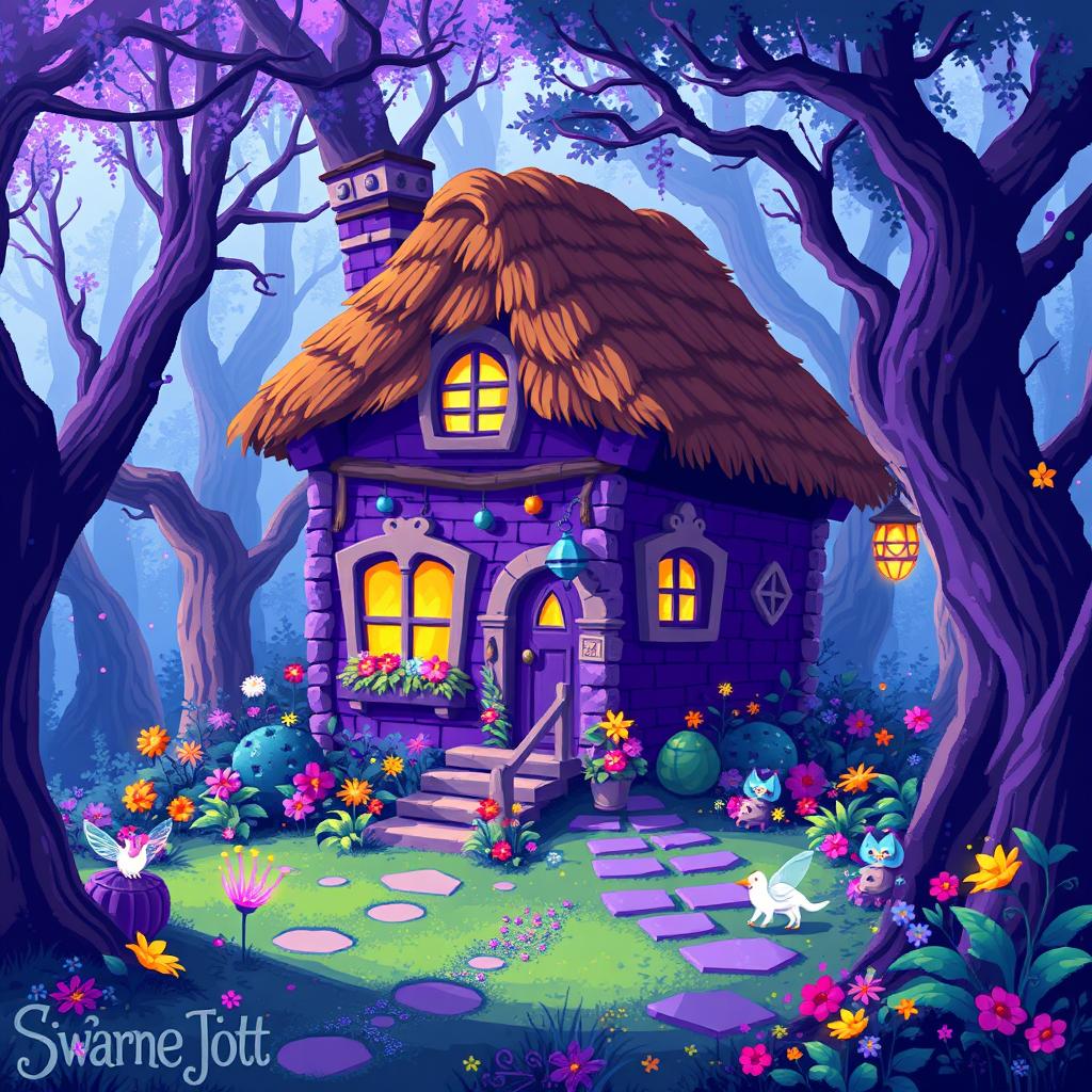 A pixel art depiction of a whimsical purple witchy cottage nestled in a vibrant, colorful magical forest
