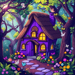 A pixel art depiction of a whimsical purple witchy cottage nestled in a vibrant, colorful magical forest