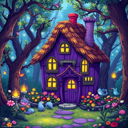 A pixel art depiction of a whimsical purple witchy cottage nestled in a vibrant, colorful magical forest