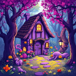 A pixel art depiction of a whimsical purple witchy cottage nestled in a vibrant, colorful magical forest