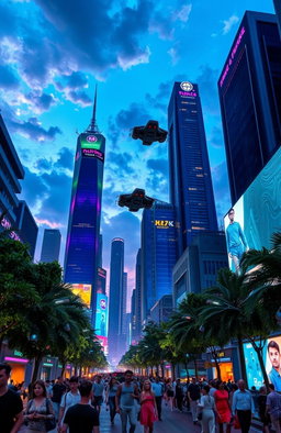 A stunning scene of a futuristic cityscape at dusk, with sleek, towering skyscrapers illuminated by multicolored neon lights