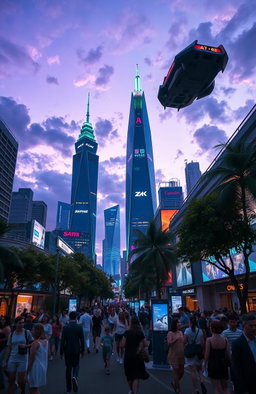 A stunning scene of a futuristic cityscape at dusk, with sleek, towering skyscrapers illuminated by multicolored neon lights
