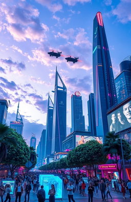 A stunning scene of a futuristic cityscape at dusk, with sleek, towering skyscrapers illuminated by multicolored neon lights