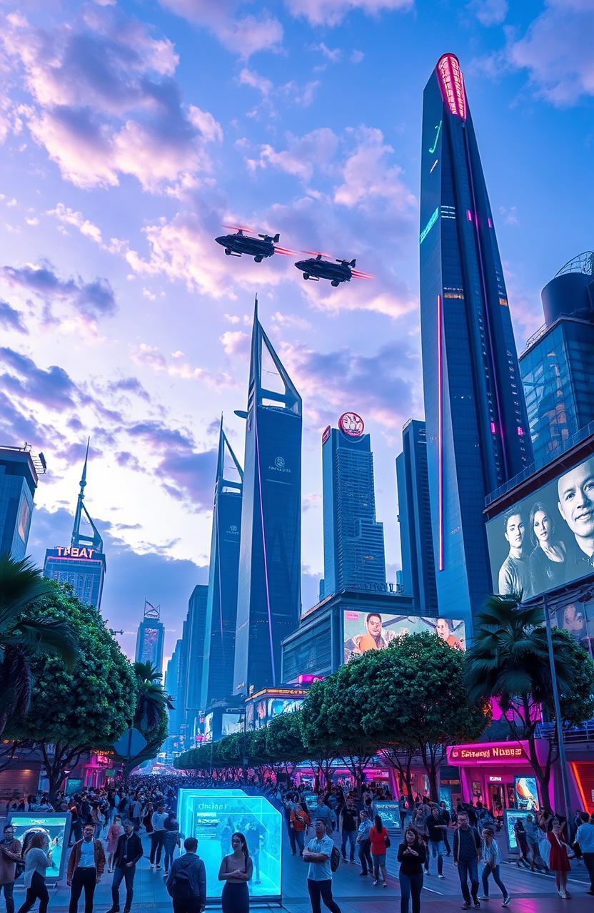 A stunning scene of a futuristic cityscape at dusk, with sleek, towering skyscrapers illuminated by multicolored neon lights