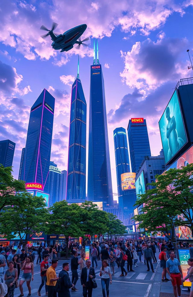 A stunning scene of a futuristic cityscape at dusk, with sleek, towering skyscrapers illuminated by multicolored neon lights