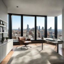 A well-lit, spacious office with sleek modern furniture, a large desk filled with neat stacks of paperwork, a high-end computer, bookshelves lined with industry-related books, and a panoramic window view of a bustling city.