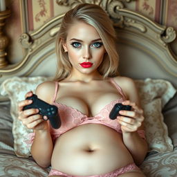 A beautiful and sexy 18-year-old blonde girl with a thin face and athletic, voluptuous figure lying on a Victorian bed
