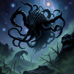 A dark, cosmic entity known as the Hunger of Hadar, a swirling mass of shadow and void, with striking tentacles extending from it