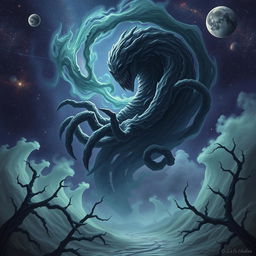A dark, cosmic entity known as the Hunger of Hadar, a swirling mass of shadow and void, with striking tentacles extending from it