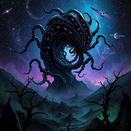 A dark, cosmic entity known as the Hunger of Hadar, a swirling mass of shadow and void, with striking tentacles extending from it