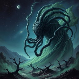 A dark, cosmic entity known as the Hunger of Hadar, a swirling mass of shadow and void, with striking tentacles extending from it