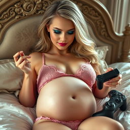 A beautiful and sexy 18-year-old blonde girl with a thin face and athletic, voluptuous body lying sensually on a Victorian bed