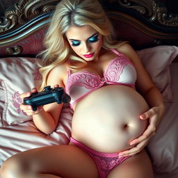 A beautiful and sexy 18-year-old blonde girl with a thin face and athletic, voluptuous body lying sensually on a Victorian bed