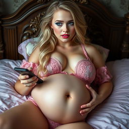 A sexy and sweet 18-year-old blonde girl with a thin face and an athletic, voluptuous body lies on a Victorian bed