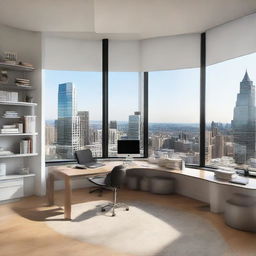 A well-lit, spacious office with sleek modern furniture, a large desk filled with neat stacks of paperwork, a high-end computer, bookshelves lined with industry-related books, and a panoramic window view of a bustling city.