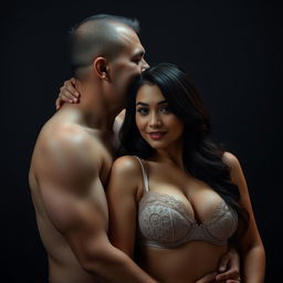A 39-year-old Indonesian man with pure white skin is embracing a beautiful 28-year-old woman from behind in an affectionate yet slightly intimidating manner, kissing her cheek tenderly