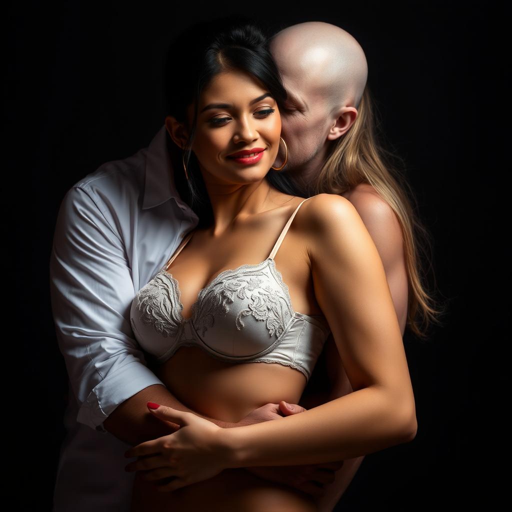 A 39-year-old Indonesian man with pure white skin is embracing a beautiful 28-year-old woman from behind in an affectionate yet slightly intimidating manner, kissing her cheek tenderly
