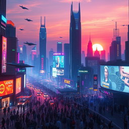A futuristic digital cityscape with vibrant neon lights, showcasing towering skyscrapers, flying vehicles, and bustling streets filled with diverse crowds of people