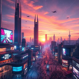 A futuristic digital cityscape with vibrant neon lights, showcasing towering skyscrapers, flying vehicles, and bustling streets filled with diverse crowds of people