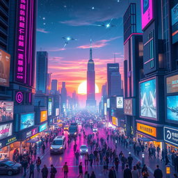A futuristic digital cityscape with vibrant neon lights, showcasing towering skyscrapers, flying vehicles, and bustling streets filled with diverse crowds of people