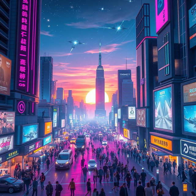 A futuristic digital cityscape with vibrant neon lights, showcasing towering skyscrapers, flying vehicles, and bustling streets filled with diverse crowds of people