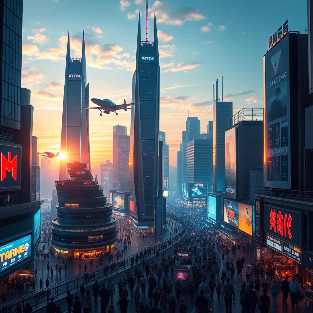 A futuristic digital cityscape with vibrant neon lights, showcasing towering skyscrapers, flying vehicles, and bustling streets filled with diverse crowds of people