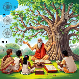 An educational illustration of Vedic Mathematics, showcasing traditional Indian mathematical symbols and techniques