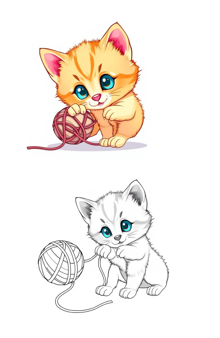 A colored illustration of a curious kitten with soft fur, bright eyes, and playful paws, energetically playing with a fluffy ball of yarn on the left side