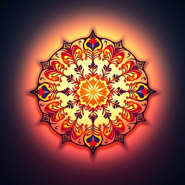 A perfectly symmetrical circle shape design adorned with ornate patterns and vibrant colors, with a captivating gradient background that complements the circle