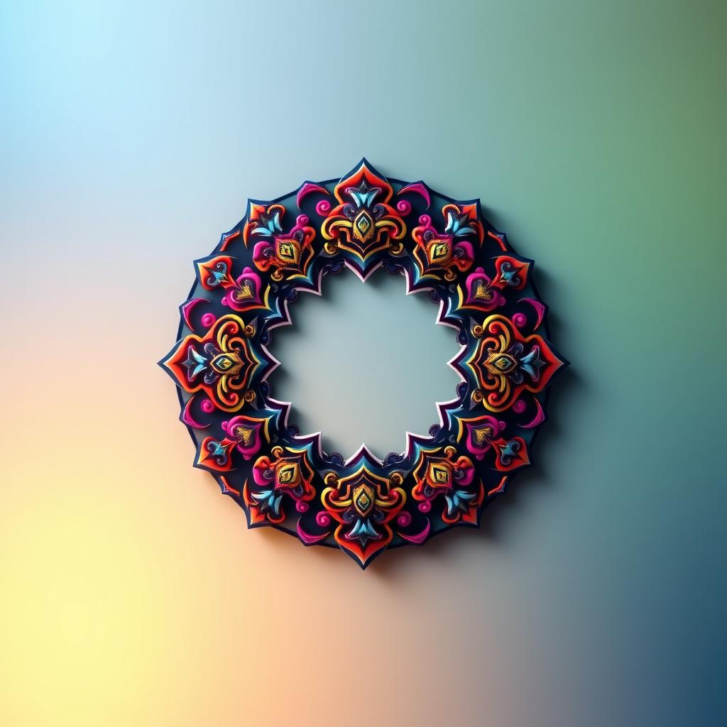 A perfectly symmetrical circle shape design adorned with ornate patterns and vibrant colors, with a captivating gradient background that complements the circle