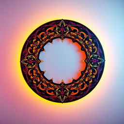 A perfectly symmetrical circle shape design adorned with ornate patterns and vibrant colors, with a captivating gradient background that complements the circle