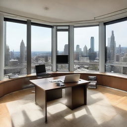 A well-lit, spacious office with sleek modern furniture, a large desk filled with neat stacks of paperwork, a high-end computer, bookshelves lined with industry-related books, and a panoramic window view of a bustling city.