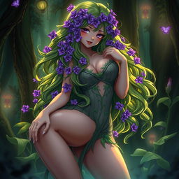 A seductive anime plant girl with long wavy green hair adorned with purple flowers, caressing her ample bosom
