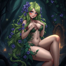 A seductive anime plant girl with long wavy green hair adorned with purple flowers, caressing her ample bosom