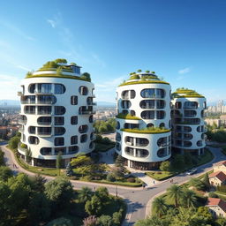 A stunning architectural visualization of round-shaped condominiums, featuring smooth circular facades and modern design elements