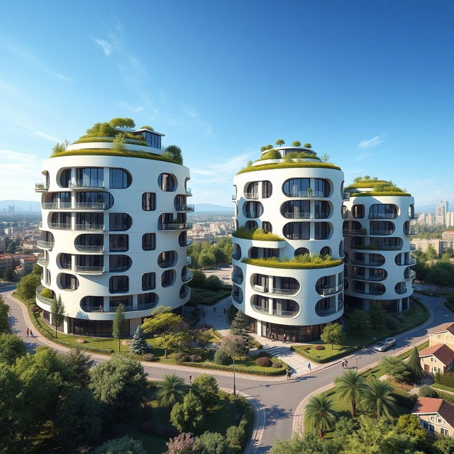 A stunning architectural visualization of round-shaped condominiums, featuring smooth circular facades and modern design elements