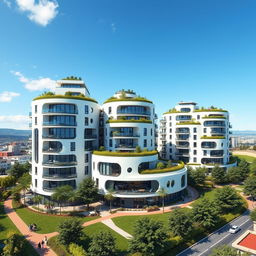 A stunning architectural visualization of round-shaped condominiums, featuring smooth circular facades and modern design elements