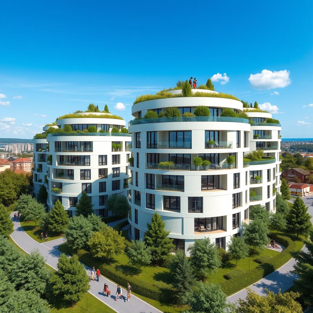 A stunning architectural visualization of round-shaped condominiums, featuring smooth circular facades and modern design elements