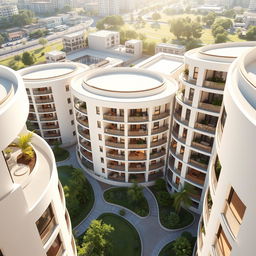 A stunning architectural visualization of round-shaped apartments, showcasing sleek, modern designs with smooth circular lines and large windows for natural light