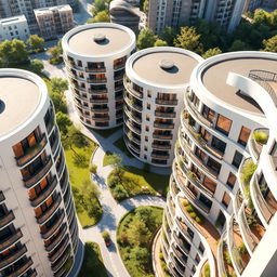 A stunning architectural visualization of round-shaped apartments, showcasing sleek, modern designs with smooth circular lines and large windows for natural light
