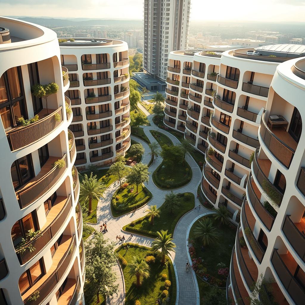 A stunning architectural visualization of round-shaped apartments, showcasing sleek, modern designs with smooth circular lines and large windows for natural light