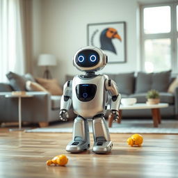 A medium-sized, friendly-looking robot equipped with a vacuum cleaner, standing in a modern living room
