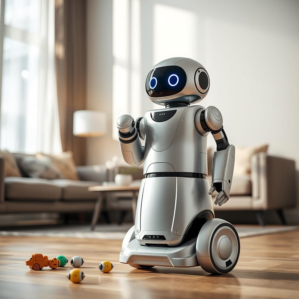 A medium-sized, friendly-looking robot equipped with a vacuum cleaner, standing in a modern living room
