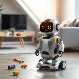 A medium-sized, friendly-looking robot equipped with a vacuum cleaner, standing in a modern living room